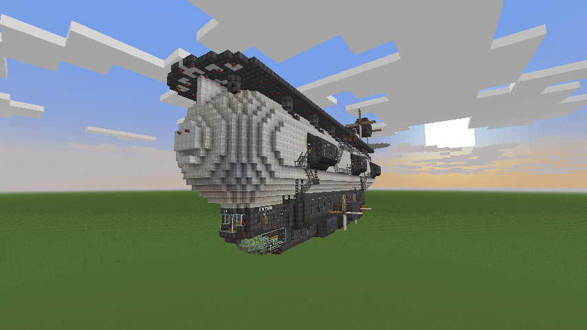 Large functional airship with a white envelope, industrial iron hull, spruce deck, catwalks, machinery, propeller systems, and sunset sky backdrop.