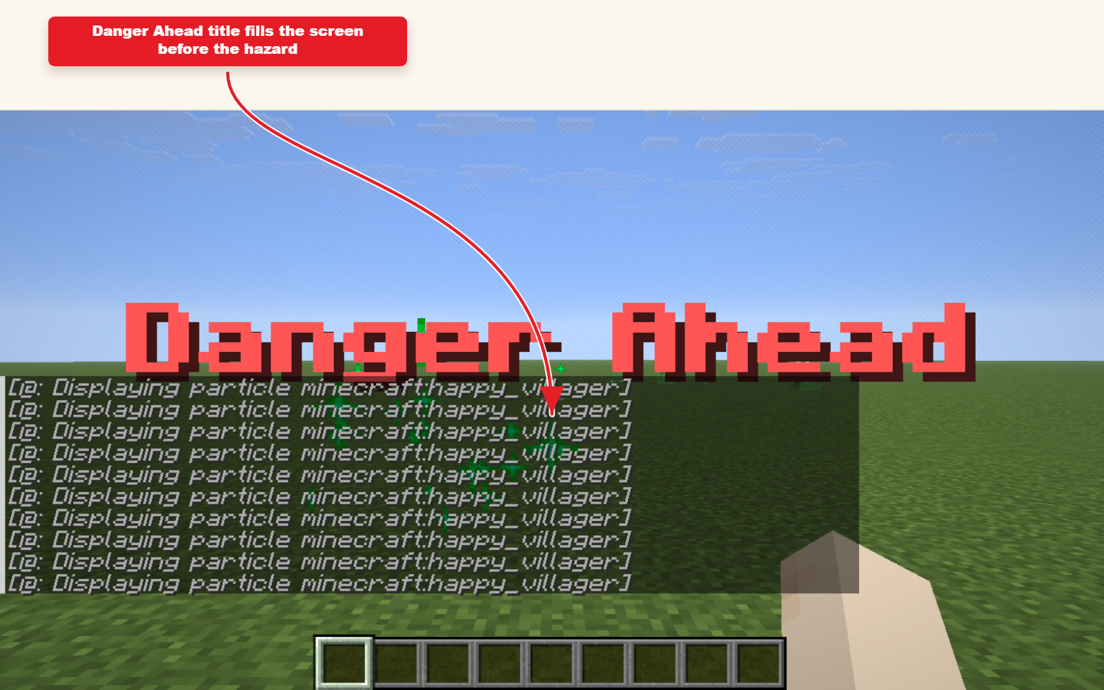 제목과 사운드가 포함된 경고 경고 preset 결과를 보여주는 게임 내 Minecraft 스크린샷.