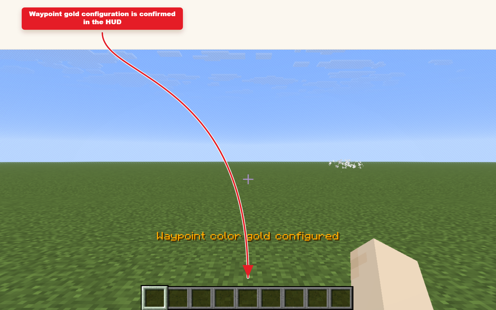 Capture d'écran Minecraft en jeu montrant le résultat du preset Waypoint pour les barres de localisation.