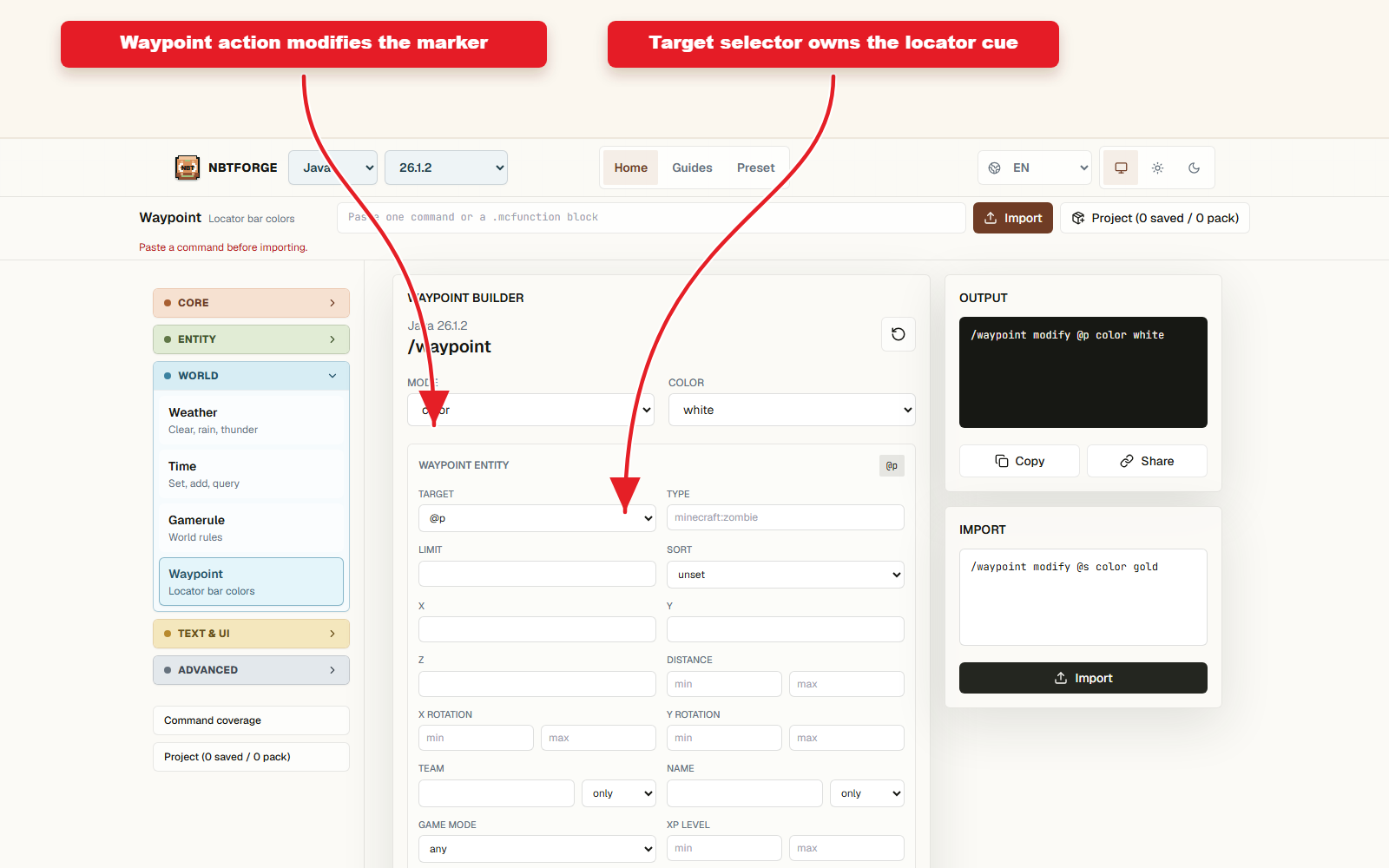 NBTForge Workbench Waypoint configuré pour le preset Waypoint pour les barres de localisation.
