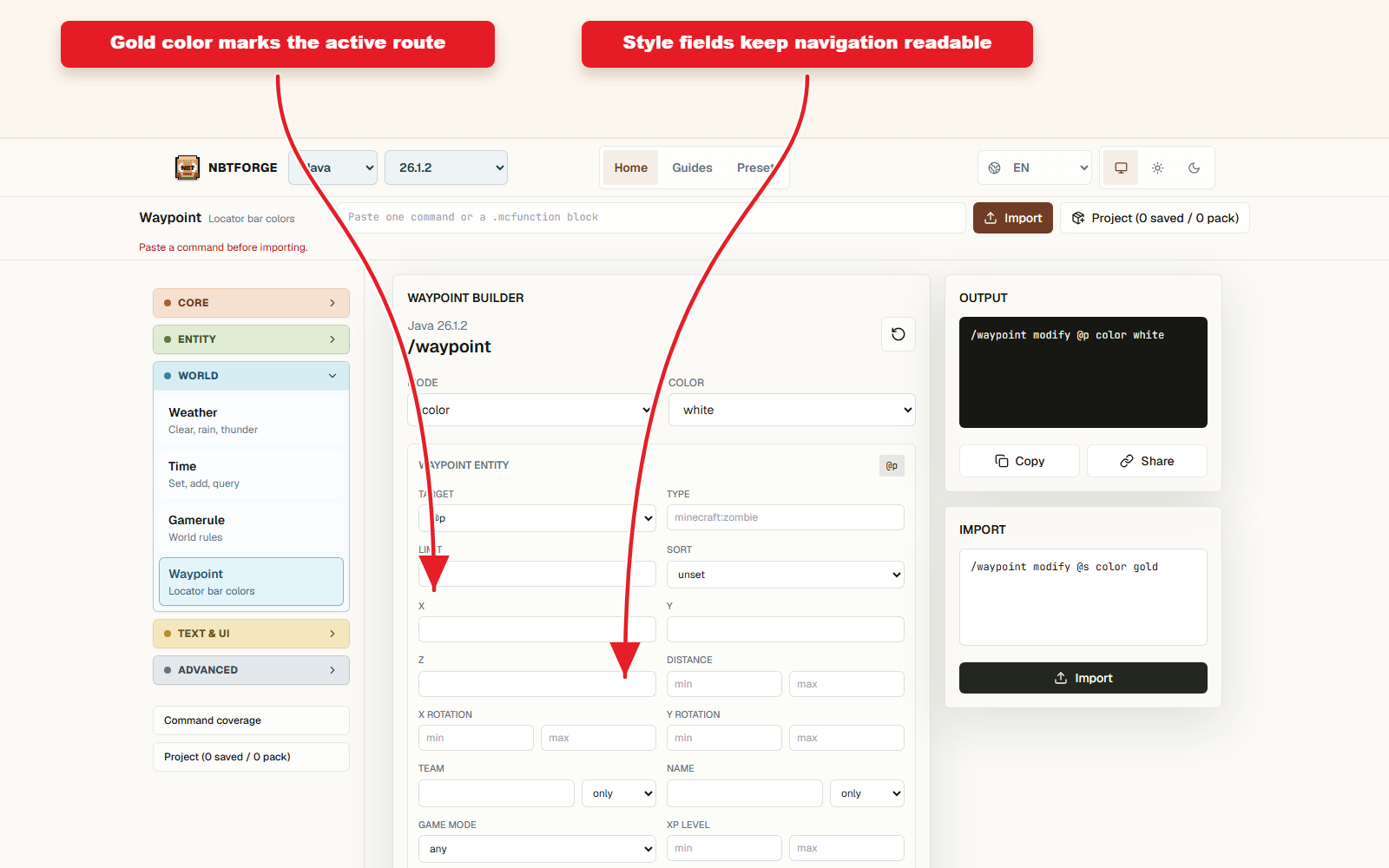 Contrôles détaillés des points de cheminement pour les presets de points de cheminement pour les barres de localisation.