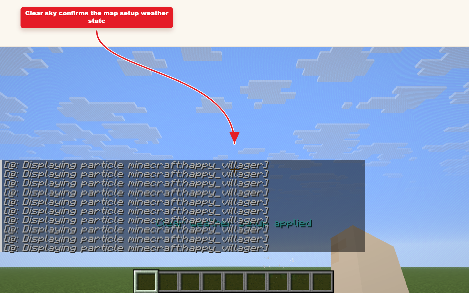 지도 설정을 위한 날씨 preset 결과를 보여주는 게임 내 Minecraft 스크린샷.