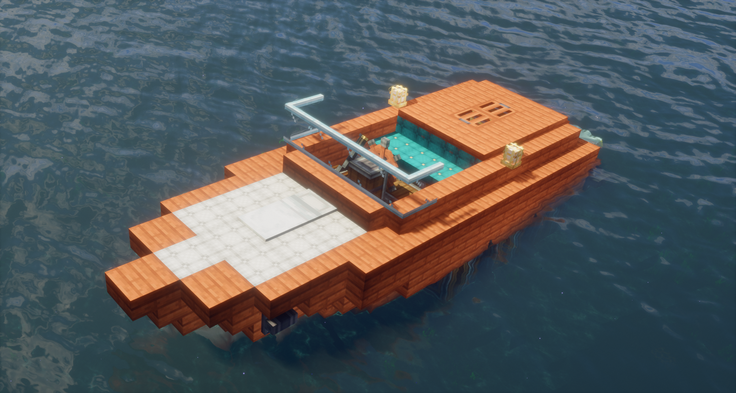 Wooden motorboat with a small hull, open deck, compact cabin detail, stern machinery, and Aeronautics boat components.