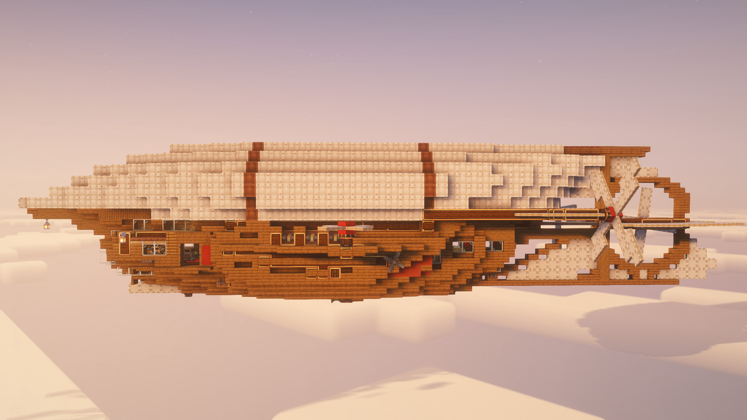 Zephyrus Mk5 survival airship with a slim hull, compact deck, envelope structure, cabin detail, and Create Aeronautics machinery.