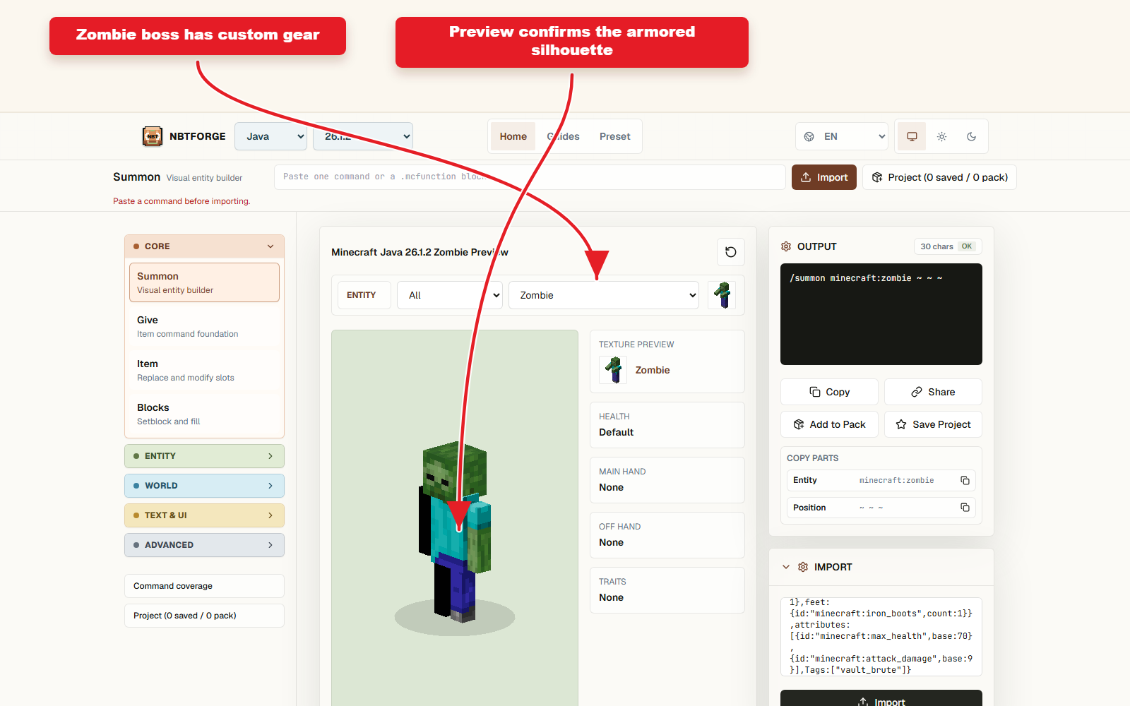 NBTForge workbench screenshot for minecraft custom mob command generator
