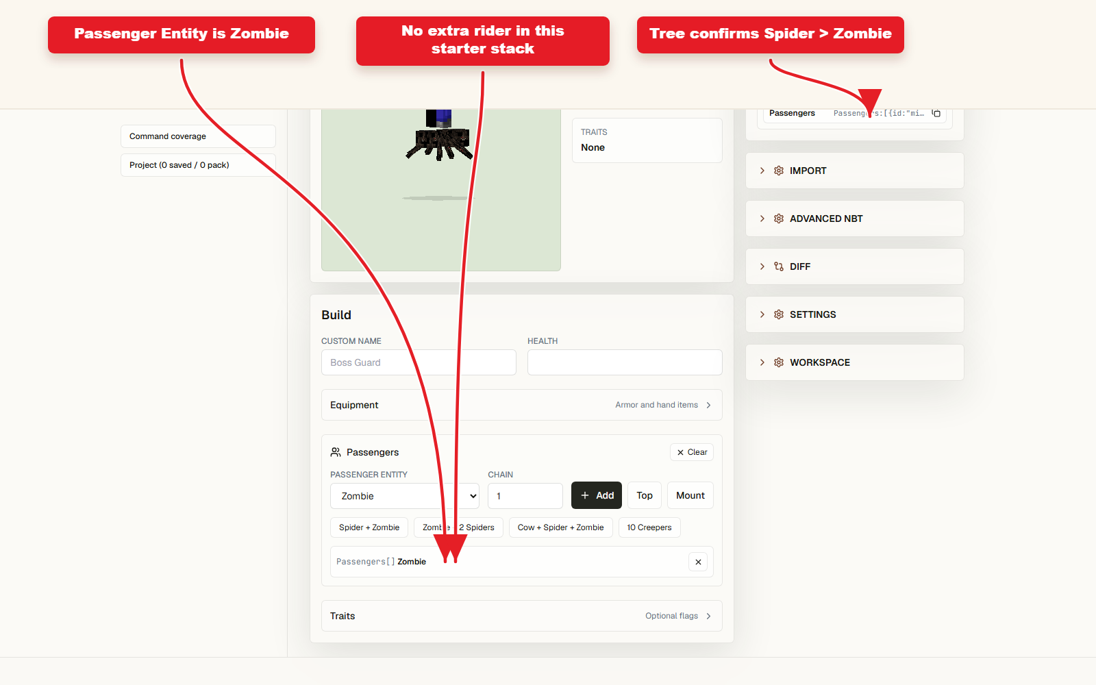 contrôles passenger montrant le zombie comme rider dans le workbench Summon.