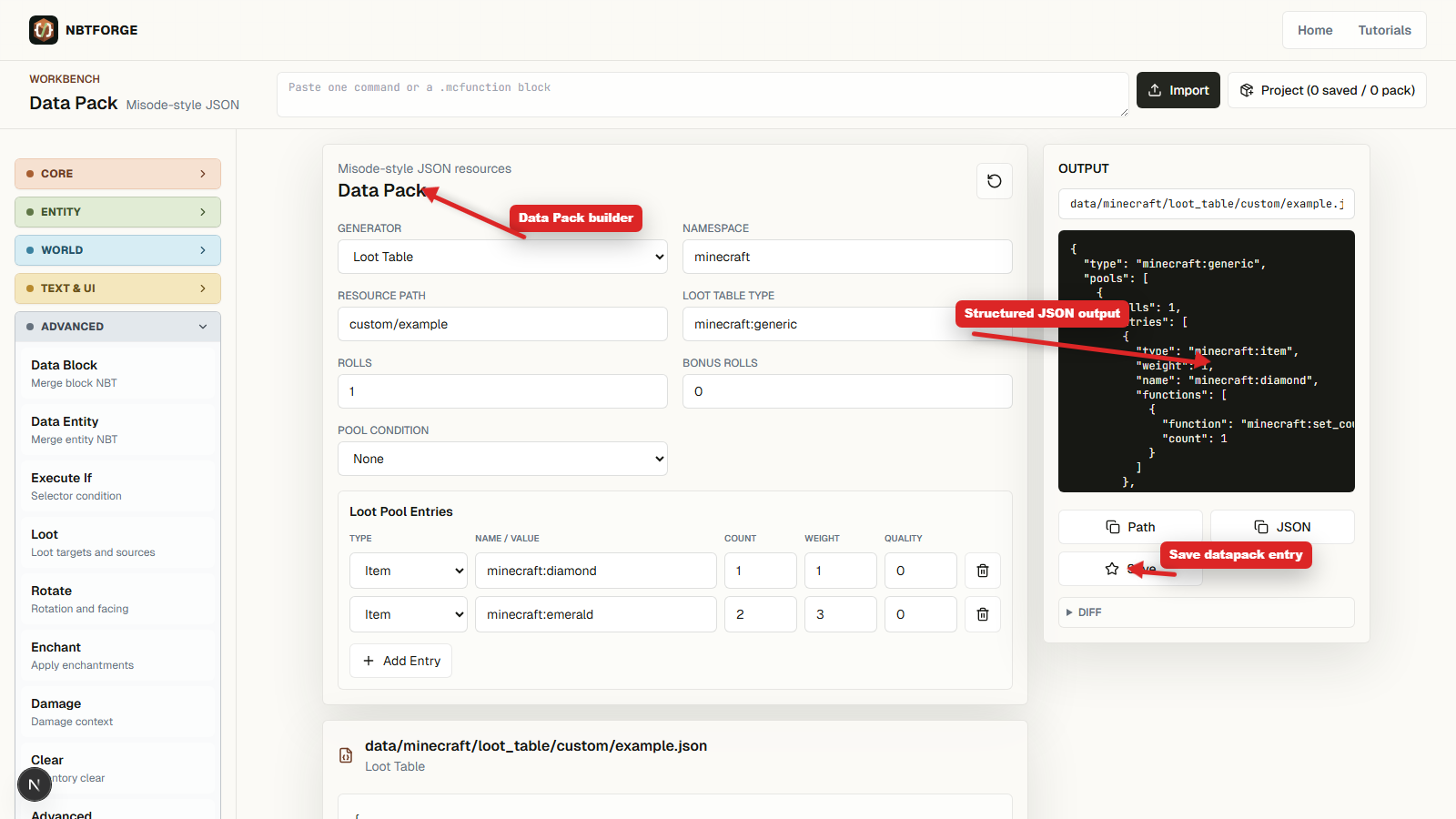 NBTForge Data Pack builder with arrows pointing to loot table controls, JSON output, and diff