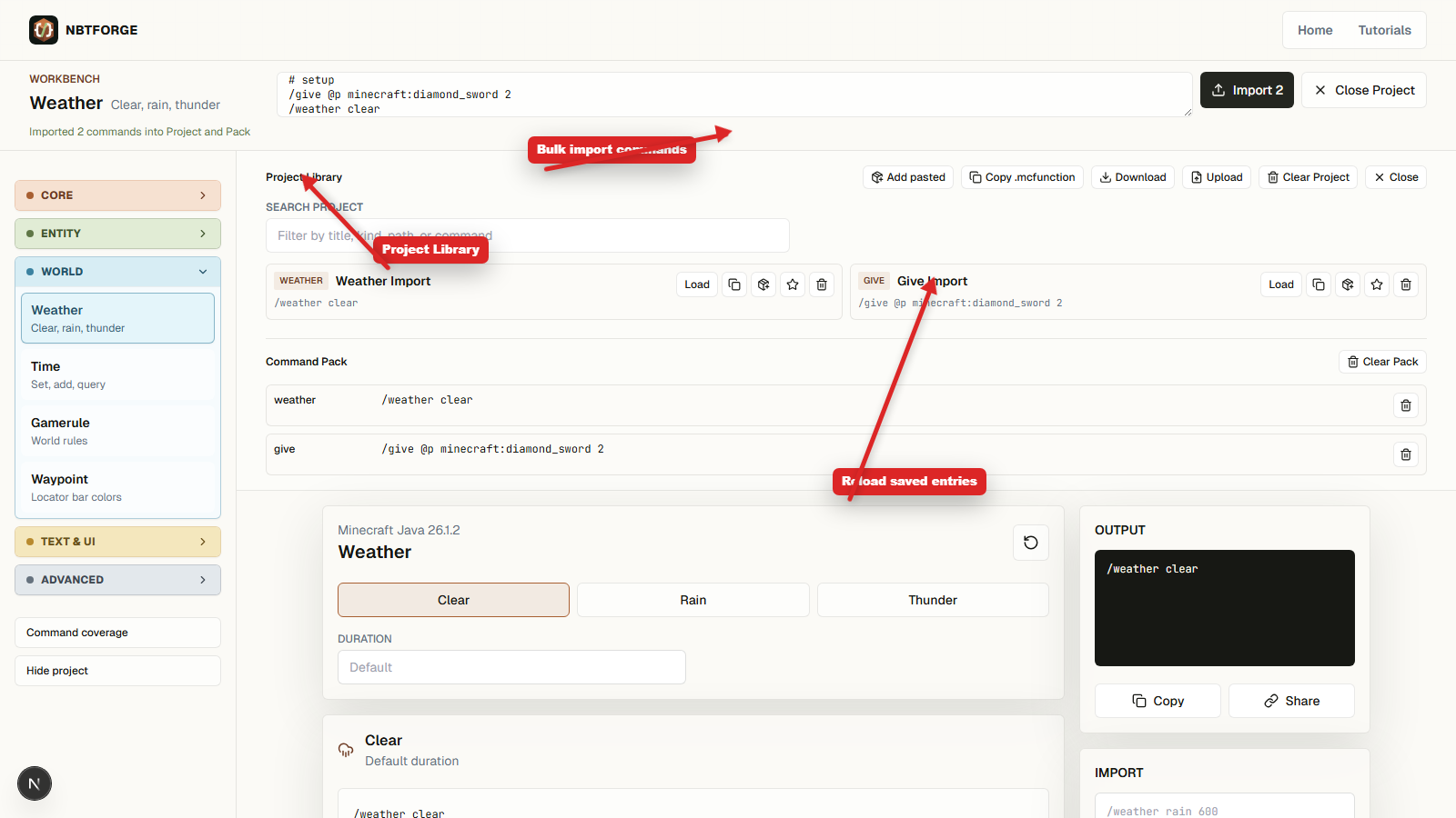NBTForge Project library with arrows pointing to bulk import, saved entries, and command pack output