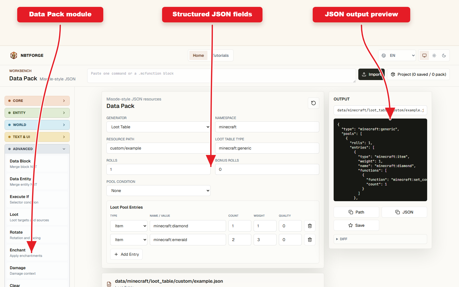 Advanced et datapack : data merge, loot tables, diff et Project screenshot 1