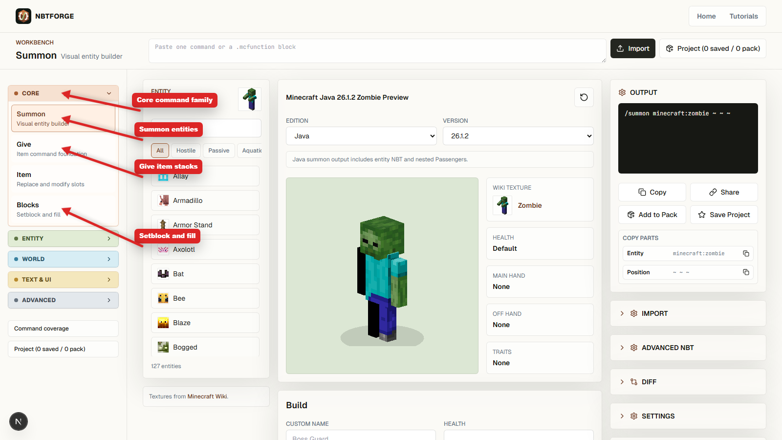 NBTForge Core category with arrows pointing to Summon, Give, Item, and Blocks modules