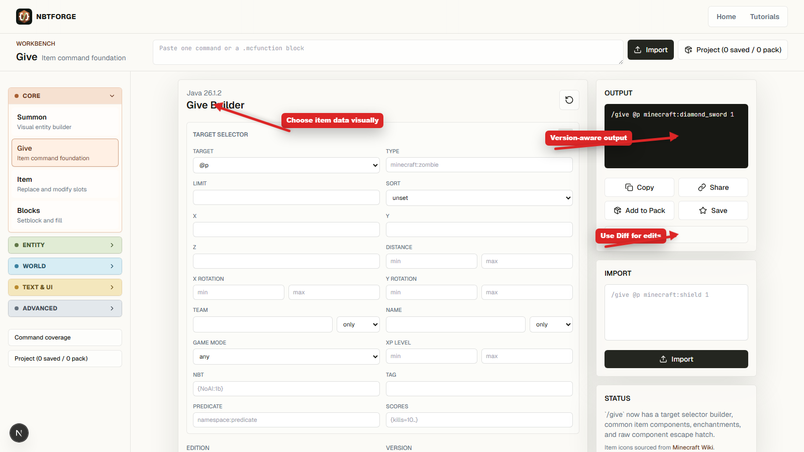 NBTForge Give builder with arrows pointing to item selection, version controls, and generated output
