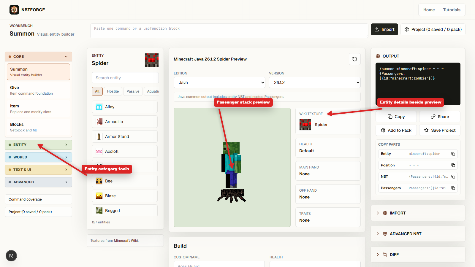 NBTForge Summon preview with arrows pointing to stacked passengers and passenger controls