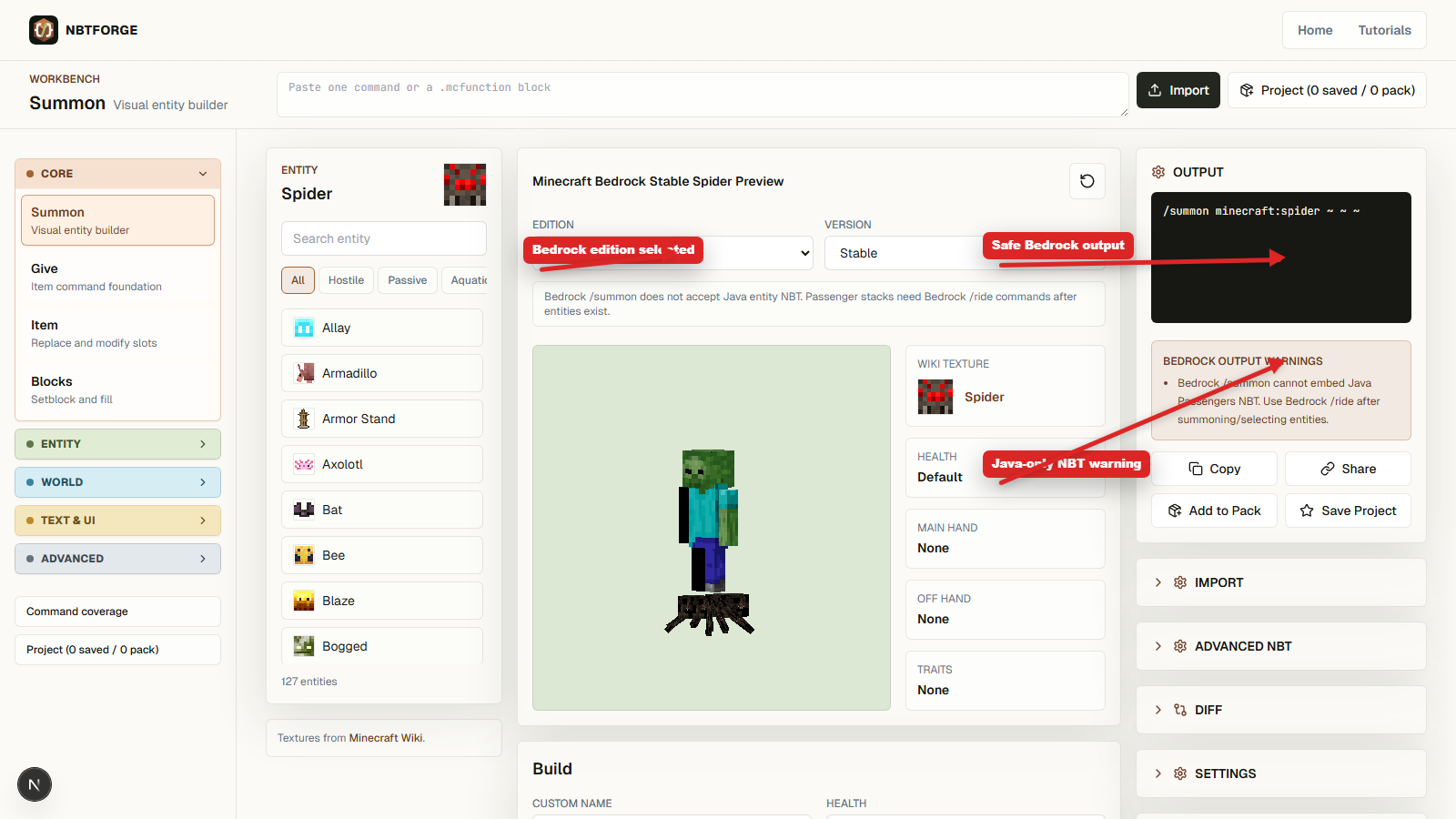 NBTForge Bedrock summon output with arrows pointing to Edition selector and Bedrock warning