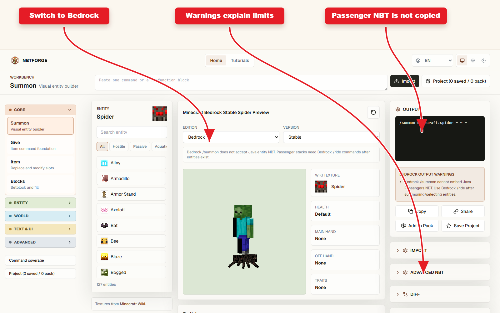 Commandes d’entités : passengers, ride, teleport, effects et attributes screenshot 2