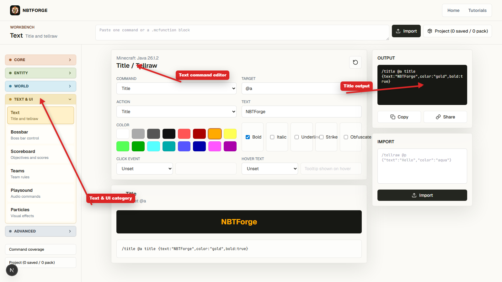 NBTForge Text builder with arrows pointing to Text and UI category, title controls, and output