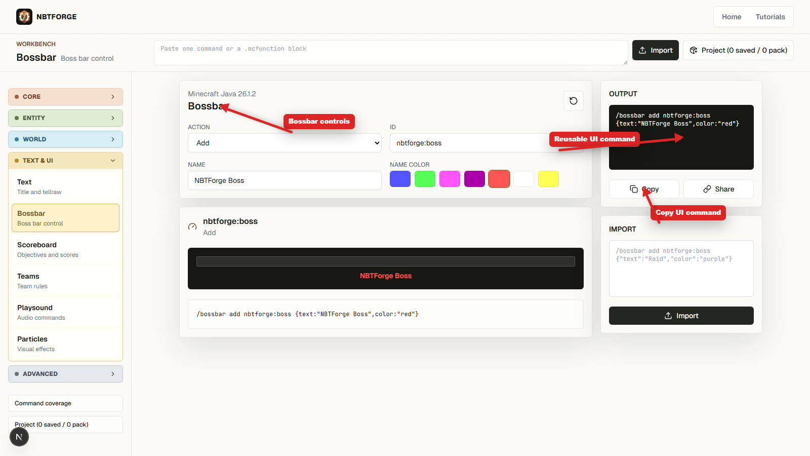 NBTForge Bossbar builder with arrows pointing to bossbar controls and generated command output
