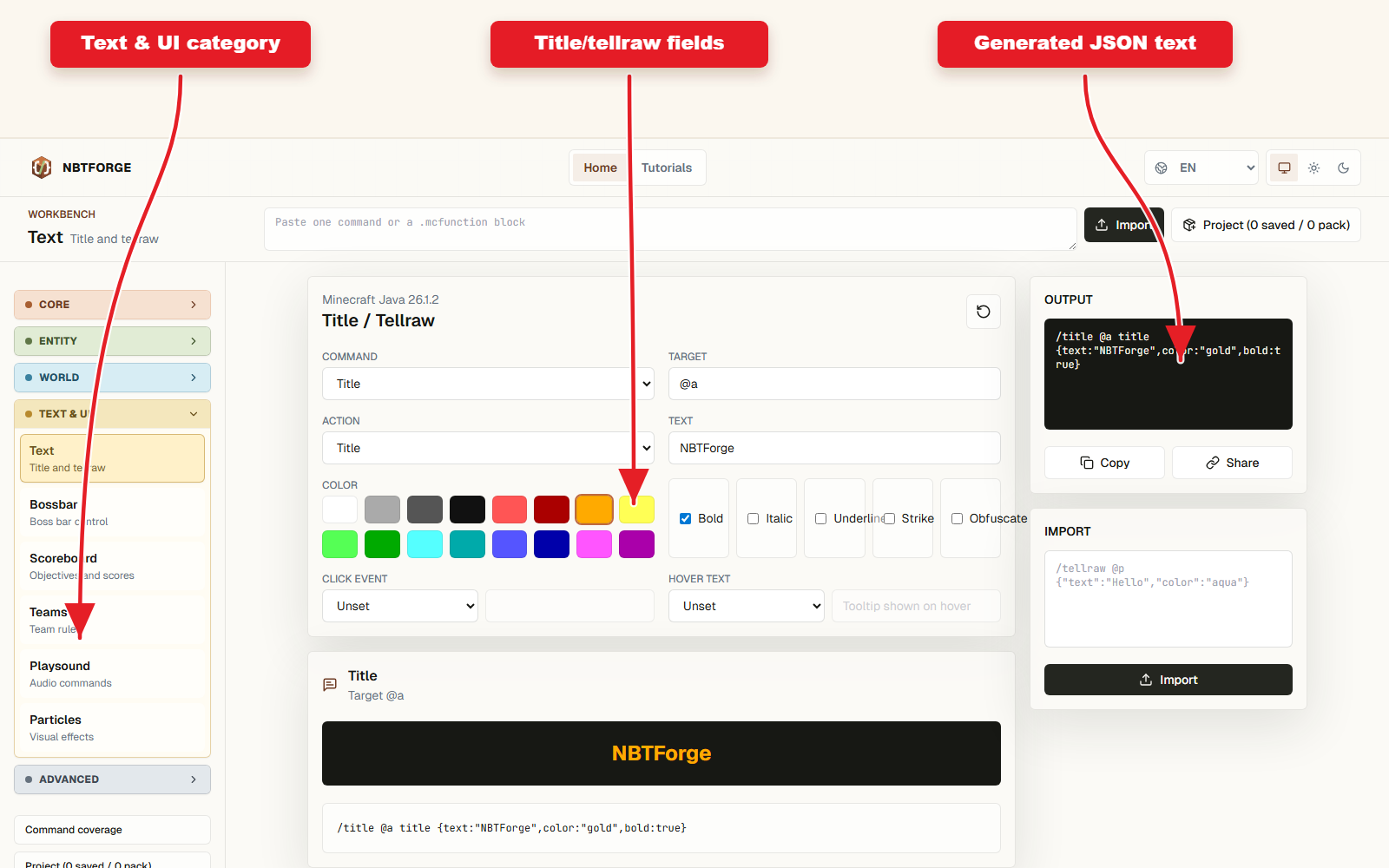 Tekst i UI: titles, bossbars, scoreboards, teams, sounds i particles screenshot 1