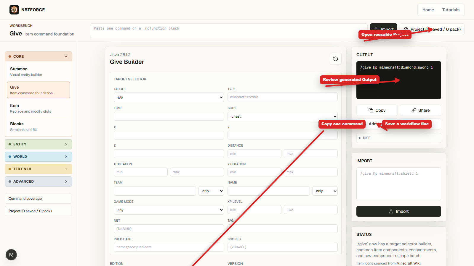 NBTForge output panel with arrows pointing to Copy, Add to Pack, and Project buttons
