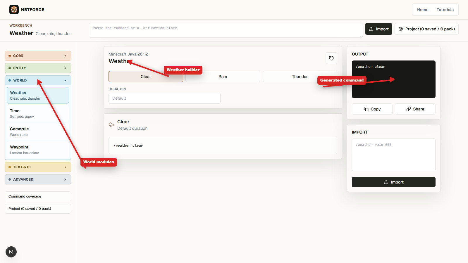 NBTForge Weather builder with arrows pointing to World category, weather controls, and output