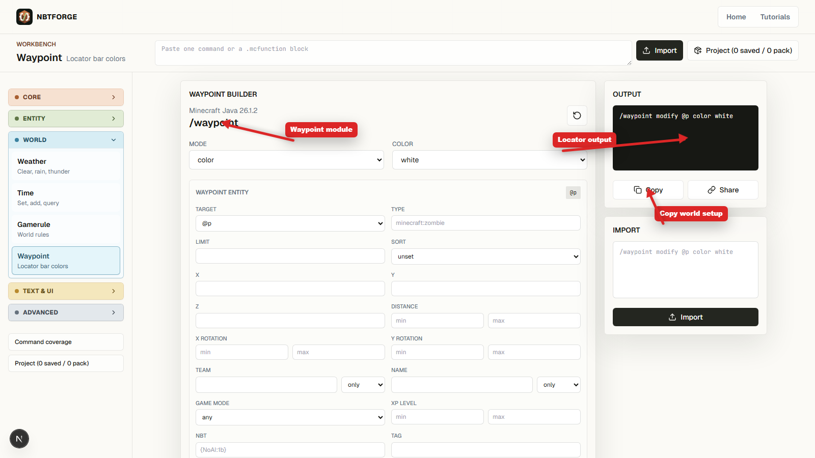 NBTForge Waypoint builder with arrows pointing to color controls and output panel