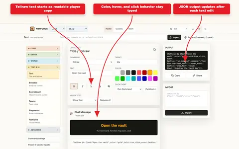 NBTForge Text workbench screenshot showing tellraw color, hover, and click fields.