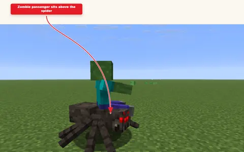 Zrzut ekranu Minecraft z gry przedstawiający zombie jadącego na pająku z gotowego polecenia.